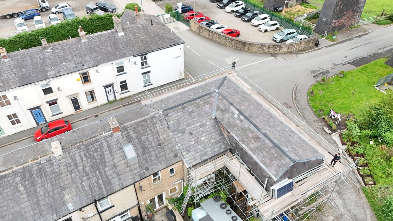 Aerial view of a completed roof, part of our full range of roofing services